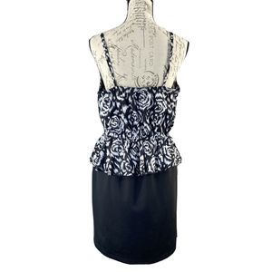 Moon Star Dress LARGE Black White Flower Stripe Blouson Adjustable Strap Stretch